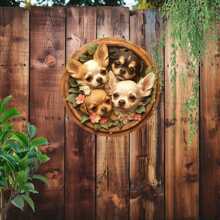 1 szt. 8x8 cali okrągły metalowy znak ścienny z motywem psa chihuahua, losowo rozmieszczone otwory ułatwiające zawieszenie, nadaje się do dekoracji wnętrz/zewnętrznych, domu, pubu, klubu, wystroju domu, wystroju pokoju, wystroju ściany