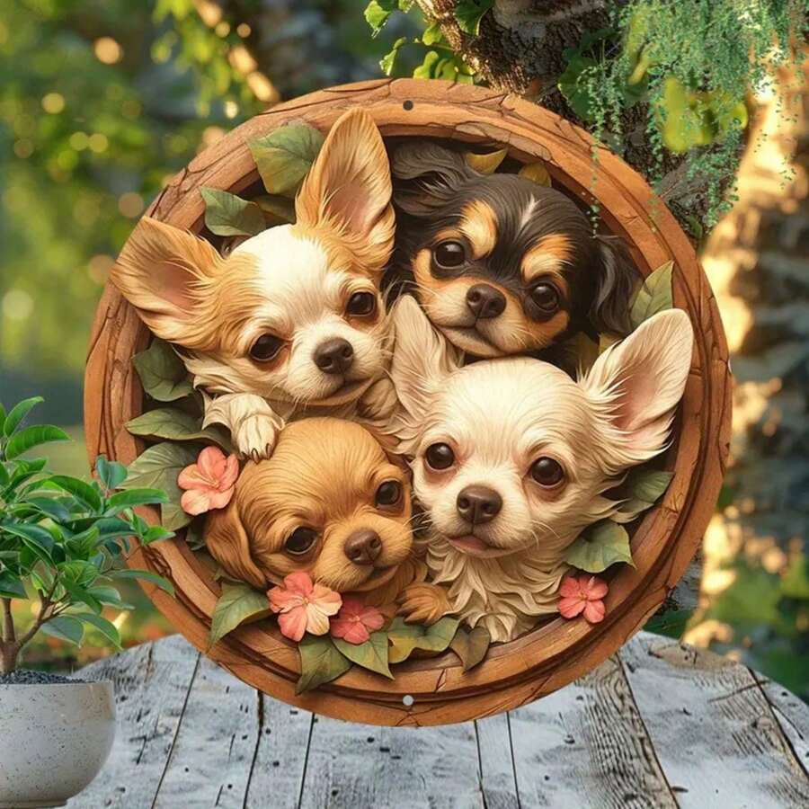 1 szt. 8x8 cali okrągły metalowy znak ścienny z motywem psa chihuahua, losowo rozmieszczone otwory ułatwiające zawieszenie, nadaje się do dekoracji wnętrz/zewnętrznych, domu, pubu, klubu, wystroju domu, wystroju pokoju, wystroju ściany