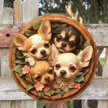 1 szt. 8x8 cali okrągły metalowy znak ścienny z motywem psa chihuahua, losowo rozmieszczone otwory ułatwiające zawieszenie, nadaje się do dekoracji wnętrz/zewnętrznych, domu, pubu, klubu, wystroju domu, wystroju pokoju, wystroju ściany