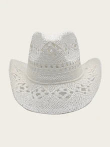 1 pieza Sombrero de paja estilo occidental vaquero hueco vintage elegante casual bohemio a cuadros unisex, sombrero de Panamá de protección solar de verano, sombrero de vaquera