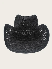 1 pieza Sombrero de paja estilo occidental vaquero hueco vintage elegante casual bohemio a cuadros unisex, sombrero de Panamá de protección solar de verano, sombrero de vaquera