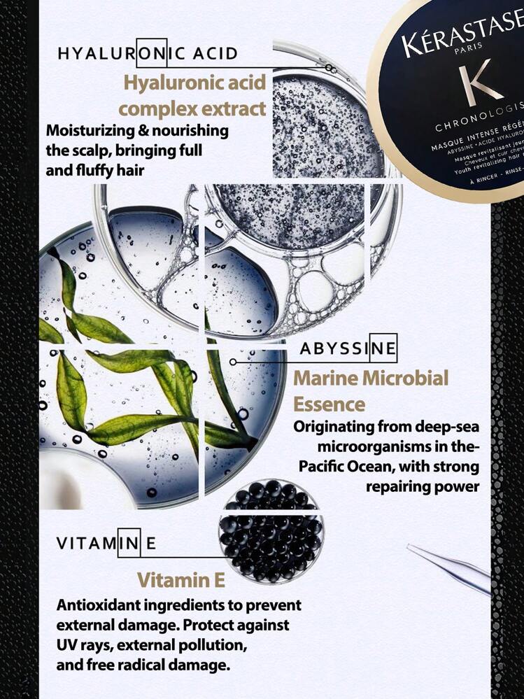 Mascarilla revitalizadora para el cabello [Mini] CHRONOLOGISTE de Kérastase 75ml. Mascarilla esencial revitalizadora para largos y puntas. Hidrata el cabello y el cabelludo para un cabello suave y brillante. Mascarilla acondicionadora profunda anticrespo. Con ácido hialurónico. Para cabello seco y dañado. - Negro - Añade 4