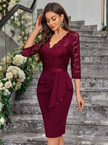 MIUSOL Floral Lace V-Neck Side Ruffle 3/4 Sleeve Slim Fit Business Pencil Skirt - Burgundy - View 6
