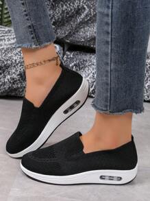 Sapatos esportivos de malha respirável femininos, tênis confortáveis casuais de plataforma, sapatos de caminhada para mães - Preto - Ver 1