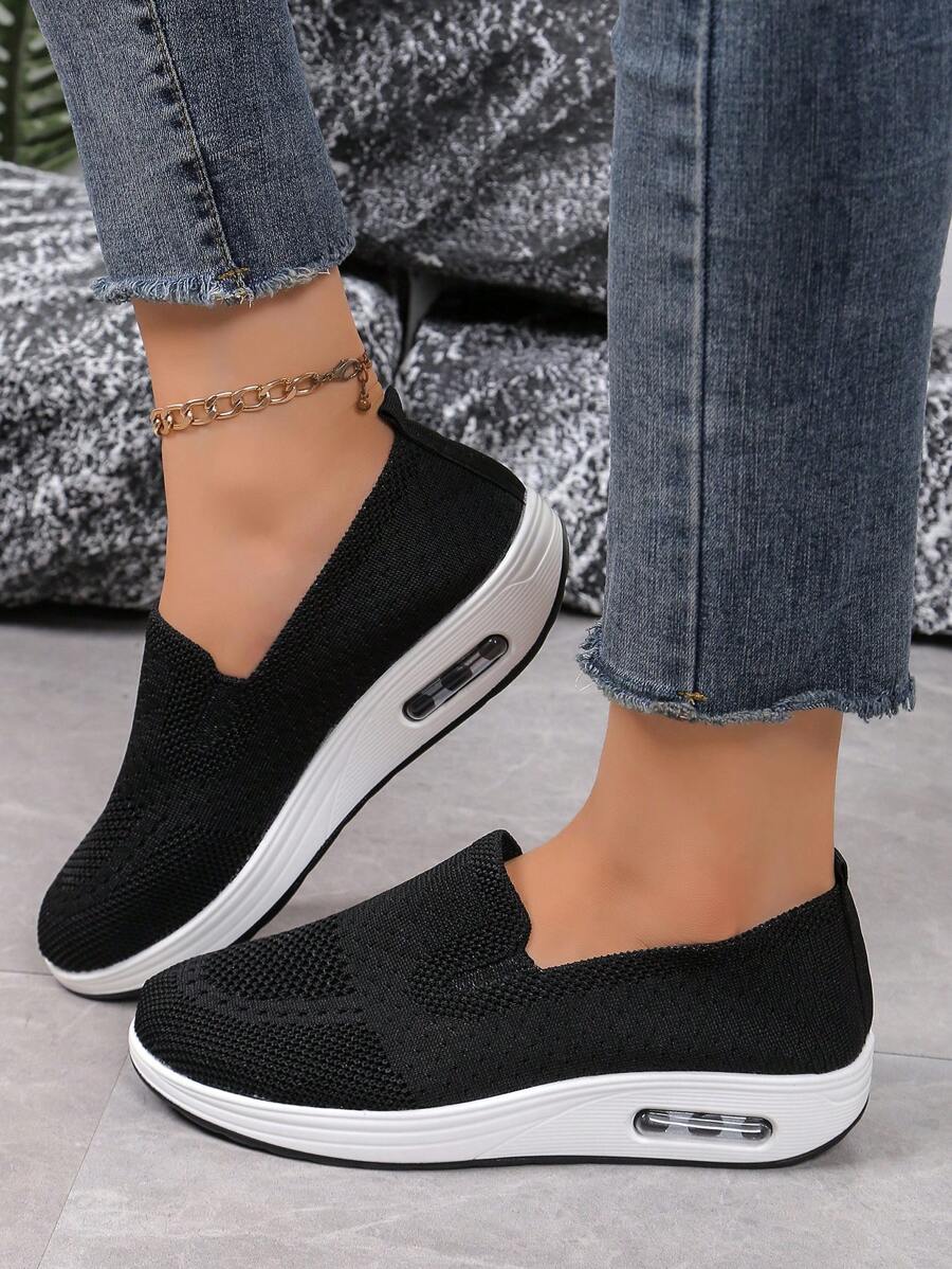Sapatos esportivos de malha respirável femininos, tênis confortáveis casuais de plataforma, sapatos de caminhada para mães - Preto - Ver 1