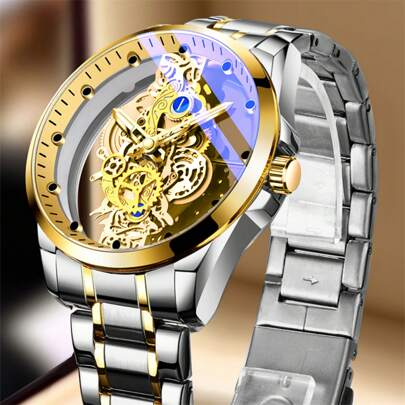 CTPOR Reloj de acero inoxidable 316 dorado resistente al agua de 50M con movimiento automático de cuarzo importado de Japón - Pantalla de engranajes mecánicos de batería de larga duración de alta duración , regalo de cumpleaños de lujo para esposo, Día del Padre, boda, recuerdo, exam, de vuelta a la escuela