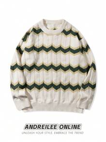 ANDREILEE 春秋冬新款男士休闲宽松时尚简约菱格条纹撞色白绿长袖毛衣男女通用圆领套头衫复古混色针织上衣 - 白色 - 查看 1