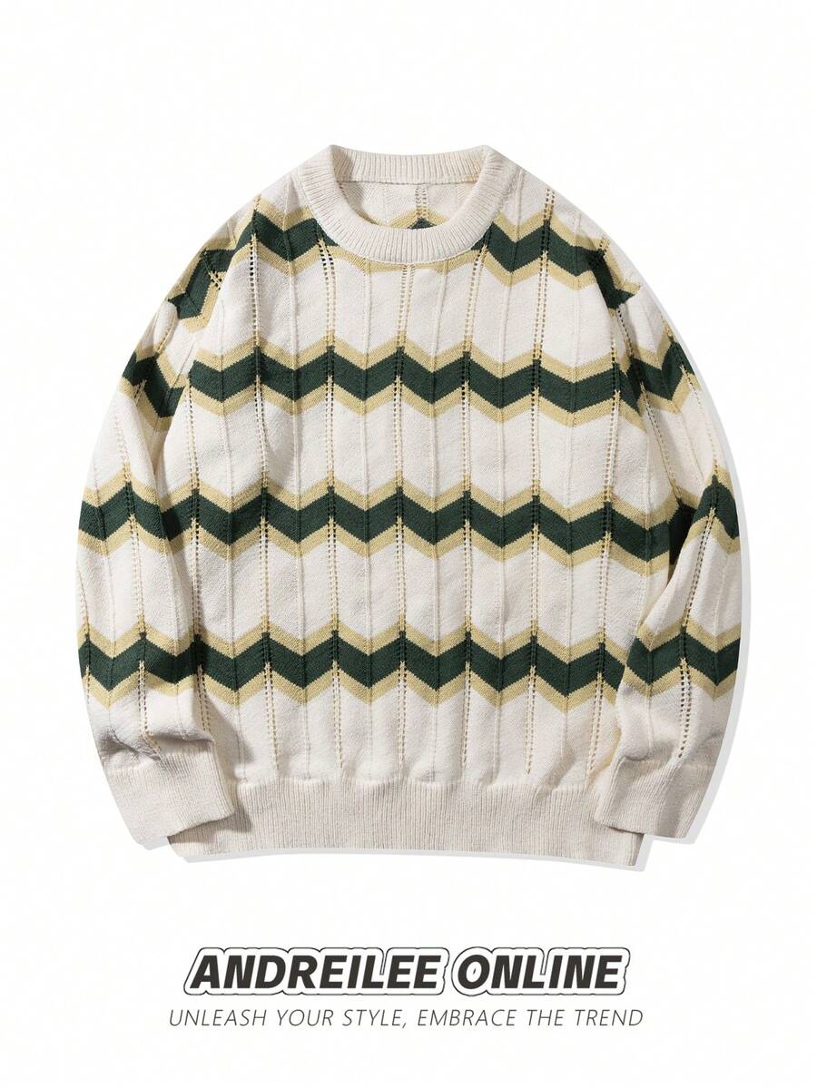 ANDREILEE 春秋冬新款男士休闲宽松时尚简约菱格条纹撞色白绿长袖毛衣男女通用圆领套头衫复古混色针织上衣 - 白色 - 查看 1