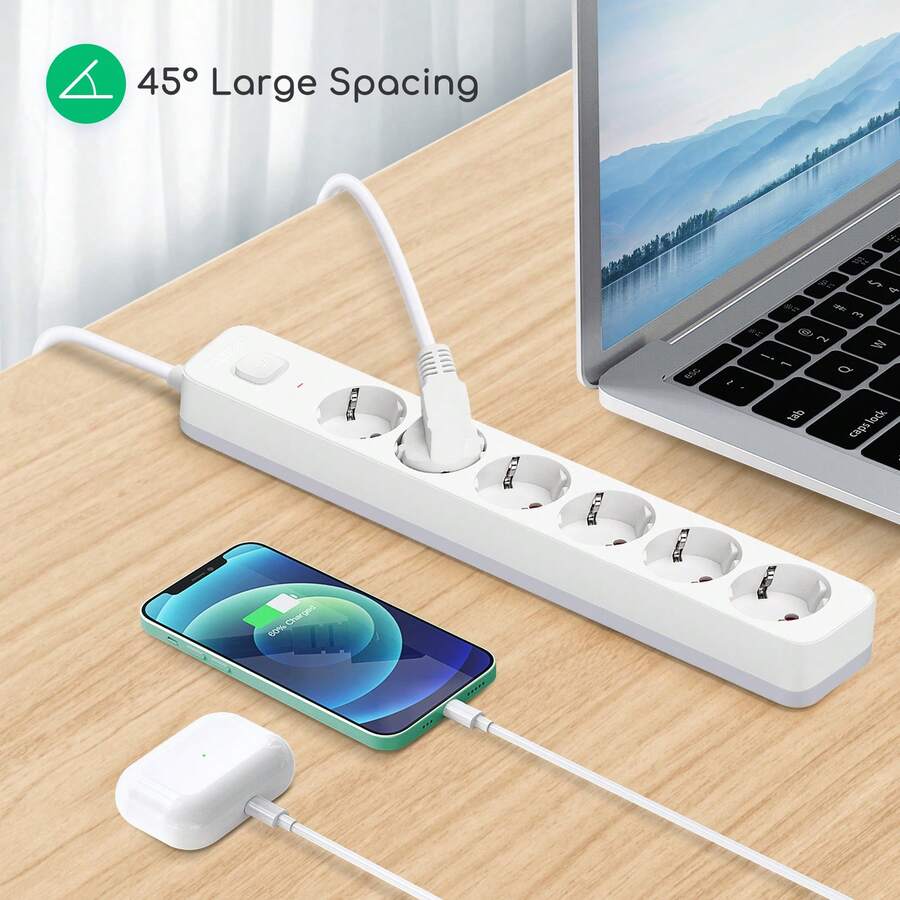 Aigostar Regleta Enchufes, Alargador Enchufe de 6 Enchufes con Interruptor, Cable de 3 Metros, Blanco - Enchufe EU Tipo F(220-240V) - Ver 1