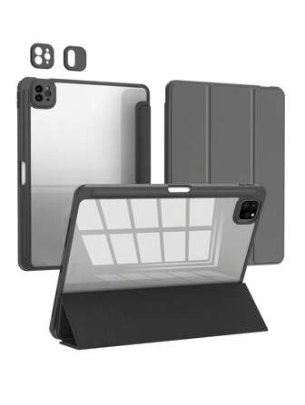 1 pieza Funda plegable de silicona negra de triple pliegue, soporte delgado antichoque y anticaída, portaplumas, funda anticaída compatible con Apple iPad Mini 4/5/6, 9.7/10.2/10.5 pulgadas, Air 4/5/6, 10th Generation, 10.9 pulgadas, Pro 11 pulgadas, Air 11(M2) , Air 13 y modelos Pro 11(M4). Cubierta trasera transparente de alta transparencia para personalización DIY