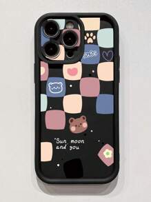 1pc Cute Bear Head Hollow Color Block Black Tempered Glass Phone Case Compatible With Apple/Compatible With Samsung/Compatible With Xiaomi/Compatible With Redmi/Compatible With Infinix/Compatible With Vivo/Compatible With Oppo - Black - View 4