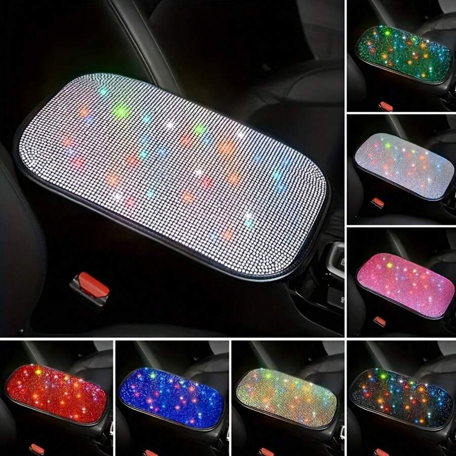 Bling Car Armrest Box Mat, Rhinestone Anti-Slip Car Center Console Cover, Armrest Box Protector Car Decoration Accessories