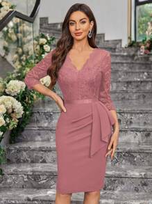 MIUSOL 花卉蕾絲緊身上衣荷葉邊酒會緊身連衣裙 - 藕粉色 - 查看 2