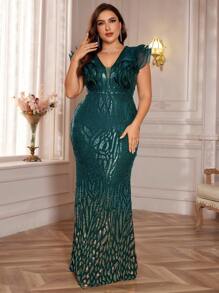 XUIBOL 加大码渐变色亮片拼接雪纺 V 领荷叶边美人鱼正式晚礼服，适合女士、优雅舞会礼服、婚礼宾客、毕业典礼、晚宴派对礼服