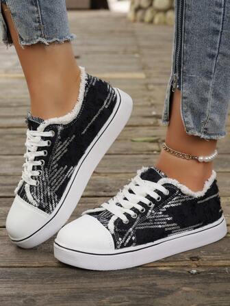 Women's Round Toe Casual Canvas Sneakers, Lace-Up Design With Fuzzy Trim, Suitable For Campus, Daily Life, Home, Commute, Work In 2024, PVC Lightweight Sole, Comfortable & Breathable, All-Season Wear