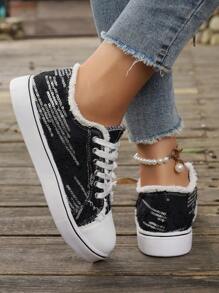 女士圆头休闲帆布鞋，系带设计，鞋面毛边，2026春秋新款校园风，适合日常穿着、居家、通勤、工作等各种场合，四季皆宜，PVC轻便透气鞋底。 - 黑色 - 查看 6