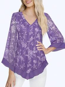 CheersLife Blusa de manga larga con cuello en V, de capa de malla estampada, para mujer - Morado Violeta - Ver 4
