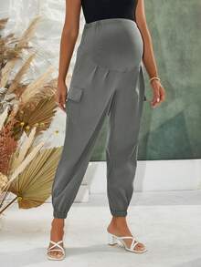 Pregnant Women Solid Color Utility Pocket Casual Harem Pants, For Maternity - Dark Grey - View 4