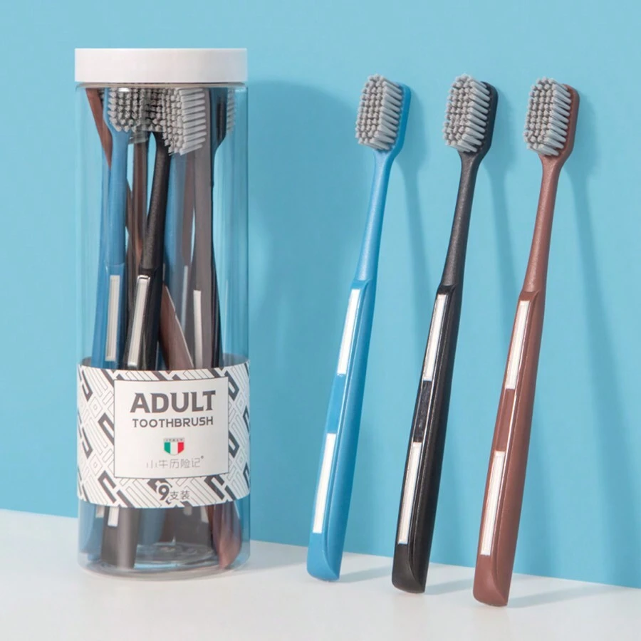 9 Medium Bristle Toothbrushes 3 Colors Big Head Adult Toothbrush Barrel Style Frosted Brush Handle - Multicolor - View 1