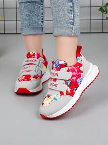 Children's Simple Floral Pattern Casual Fashion Sports Shoes, Hook And Loop Design, Suitable For Spring And Autumn Outdoor Activities