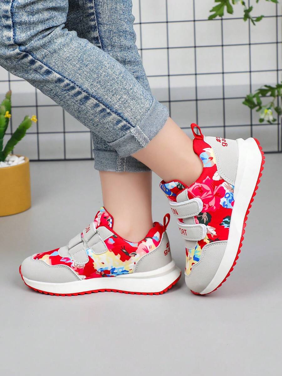 Children's Simple Floral Pattern Casual Fashion Sports Shoes, Hook And Loop Design, Suitable For Spring And Autumn Outdoor Activities