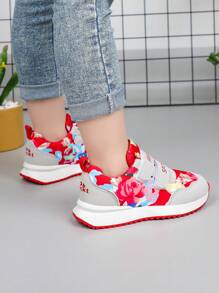 Children's Simple Floral Pattern Casual Fashion Sports Shoes, Hook And Loop Design, Suitable For Spring And Autumn Outdoor Activities