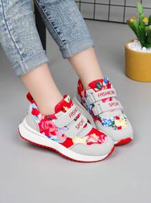 Children's Simple Floral Pattern Casual Fashion Sports Shoes, Hook And Loop Design, Suitable For Spring And Autumn Outdoor Activities