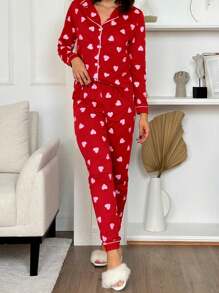 American Women's Adult Winter Pajamas Pants And Shirt Breastfeeding Buttons Winter Front Opening Premium - 紅色 - 查看 1