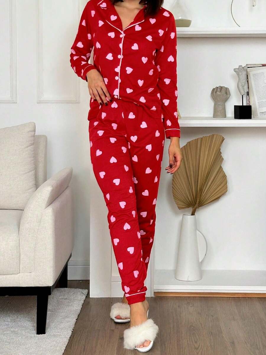 American Women's Adult Winter Pajamas Pants And Shirt Breastfeeding Buttons Winter Front Opening Premium - 紅色 - 查看 1