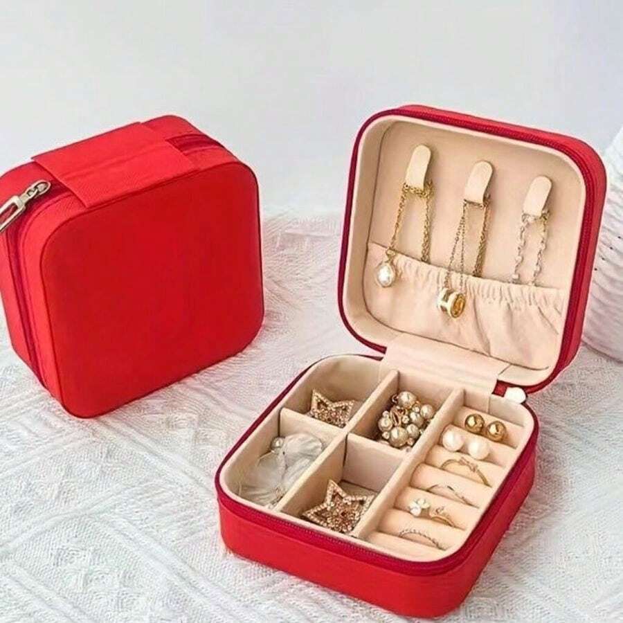 Portable Travel Zippered Jewelry Box/Organizer - Red - View 1