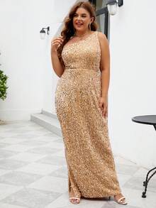 Joyfunear Plus Size Women Simple Sequins Decor Oblique Shoulder Slit Hem Casual Dress Summer - Gold - View 6