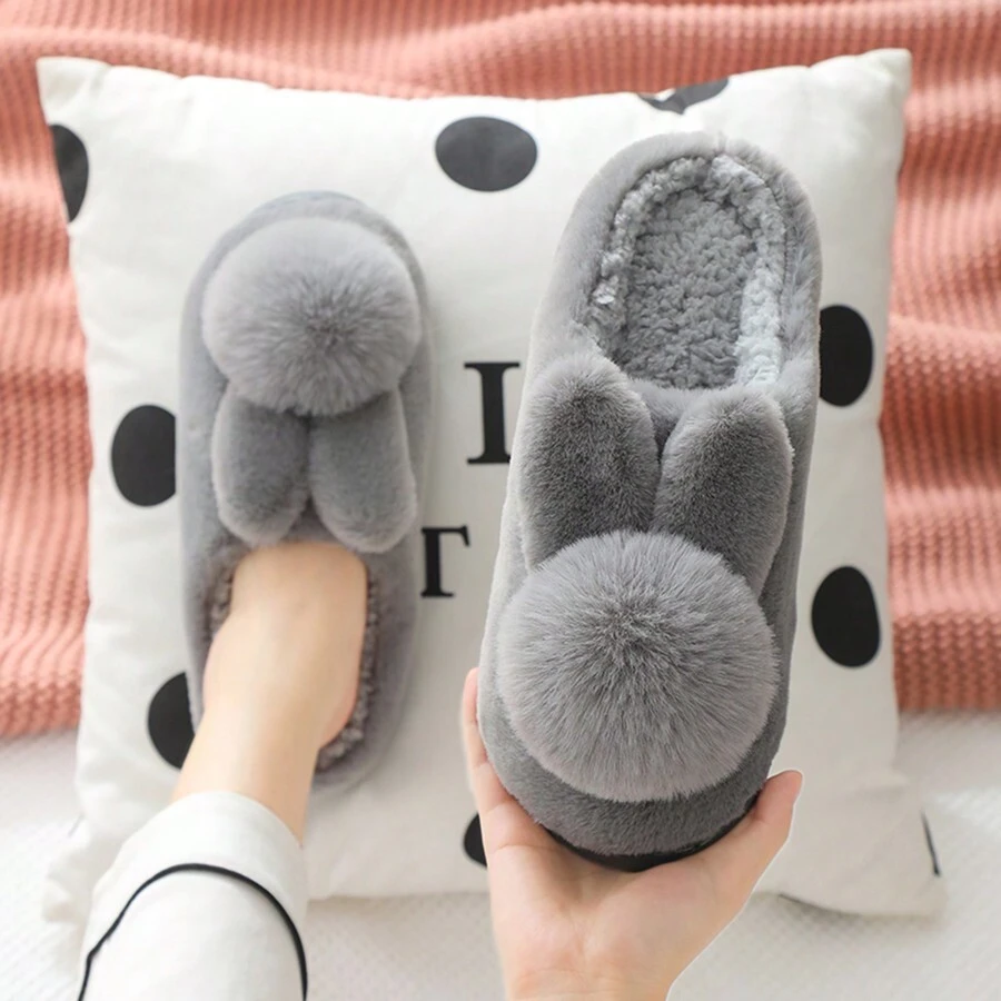 New Women Fuzzy Slippers, Warm Plush Indoor/Outdoor Slippers, Autumn/Winter Cute Cartoon Rabbit Thick Bottom Soft House Slipper, Brown