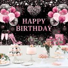 1 pieza Pancarta de feliz cumpleaños color rosa y dorado, tela de fondo de fotografía de cumpleaños con purpurina, pancartas de cumpleaños en negro, rosa y oro, cartel de feliz cumpleaños en rosa y oro, decoración para mujeres y Navidad - Multicolor - Ver 3