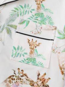 Giraffe Printed Women's Pajama Set, Featuring Short Sleeve Shirt With Lapel Collar And Loose Elastic Shorts, Casual Women's Sleepwear And Loungewear - 杏色 - 查看 5