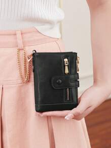 MIYIN Fashion Multifunction Chain Wallets Unisex Bifold Zipper With Card Slot And Removable ID Window And For Credit Card/ ID Card/ / Cash /Coin Lightweight Portable Casual Solid Color Short Wallet With Anti-Theft Chain For Woman And Men Gifts Birthday Gifts(Black) For Women Wallet Purse Wallet Small Wallet