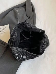 New Minimalist Denim Crescent Shoulder Hobo Bag With Welt Pockets, Letter Pattern Decoration Design, Lightweight Shoulder Bag With Adjustable Shoulder Strap, Casual Solid Color Messenger Bag, Tready Crescent Bag For Women, Old Washed Fabric, Street Denim Style, College Style Backpack