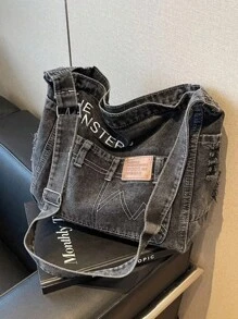 New Minimalist Denim Crescent Shoulder Hobo Bag With Welt Pockets, Letter Pattern Decoration Design, Lightweight Shoulder Bag With Adjustable Shoulder Strap, Casual Solid Color Messenger Bag, Tready Crescent Bag For Women, Old Washed Fabric, Street Denim Style, College Style Backpack