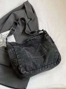 New Minimalist Denim Crescent Shoulder Hobo Bag With Welt Pockets, Letter Pattern Decoration Design, Lightweight Shoulder Bag With Adjustable Shoulder Strap, Casual Solid Color Messenger Bag, Tready Crescent Bag For Women, Old Washed Fabric, Street Denim Style, College Style Backpack