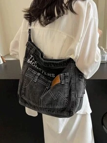 New Minimalist Denim Crescent Shoulder Hobo Bag With Welt Pockets, Letter Pattern Decoration Design, Lightweight Shoulder Bag With Adjustable Shoulder Strap, Casual Solid Color Messenger Bag, Tready Crescent Bag For Women, Old Washed Fabric, Street Denim Style, College Style Backpack