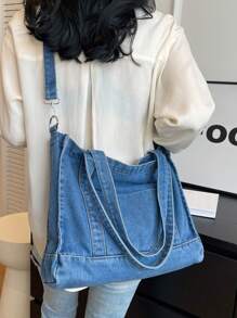 街头时尚新款牛仔布手提包，简约纯色单肩包，复古休闲可调节肩带斜挎包，适合工作、通勤、购物和大学生使用。 - 藍色 - 查看 5