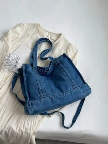 街头时尚新款牛仔布手提包，简约纯色单肩包，复古休闲可调节肩带斜挎包，适合工作、通勤、购物和大学生使用。 - 藍色 - 查看 10