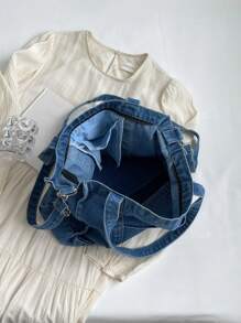 街头时尚新款牛仔布手提包，简约纯色单肩包，复古休闲可调节肩带斜挎包，适合工作、通勤、购物和大学生使用。 - 藍色 - 查看 12