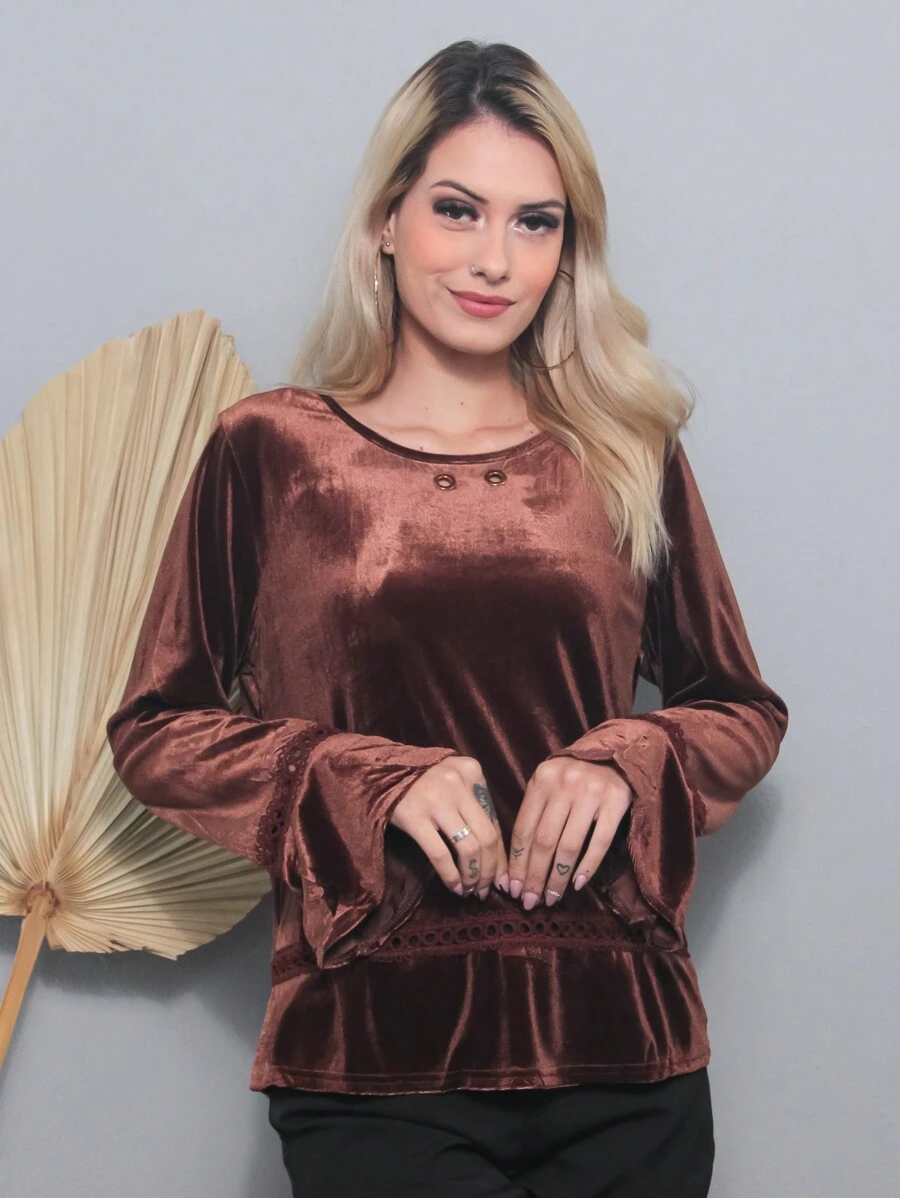 Women's Modern Plush Long Sleeve Shirt - Rỉ Nâu - Xem 1