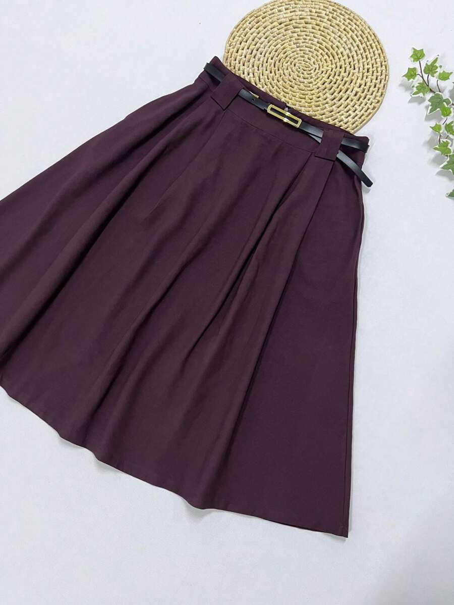Midi Skirt With Belt And Pocket - Chocolate Brown - View 1