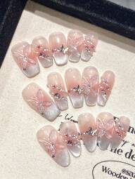 YADORNOS 10pcs Pink Cat Eye French 3D Butterfly Pearl Crushed Diamond Hand Acrylic Press On Nails, Gentle Sweet Short Coffin & Long Almond Full Cover Fake Nails Valentine's Day Nails, Wedding Bride Wears Nails, Back To School With Jelly Glue And Nail File, Home DIY Nail Art Supplies