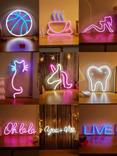 CHI-BUY 1pc Unique LED Neon Sign Light, Basketball, Coffee Cup, Lady Girl (Pink), Cat, Unicorn, Tooth (White), Oh La La (Pink), You+Me (White), Live (Blue), LED Neon Lights, For Indoor Wedding Party Wall Decor, 5V USB Powered, For Bedroom, Living Room