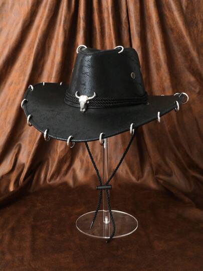 1pc Distressed PU Leather Metal Decor Inlaid Western Cowboy Hat, Fedora Hat, Panama Hat, Suitable For All Seasons