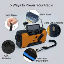 Emergency Solar Hand Crank Weather Radio AM / FM / NOAA 2000mAh Power Bank Charger 2 LED Flash Light For Outdoor Travel Camping - Orange - View 5