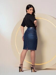 Evangelical Fashion Women's Jeans Skirt With Spandex Pleated Details On The Front - 深色水洗藍 - 查看 6