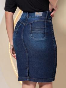 Evangelical Fashion Women's Jeans Skirt With Spandex Pleated Details On The Front - 深色水洗藍 - 查看 2